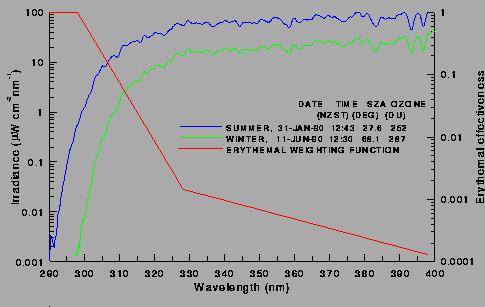 The UV spectrum and action spectra for erythema
